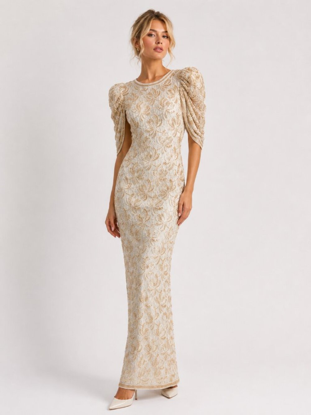 VINTAGE 80s Gold Beaded Sequin Gown Dress Judith Ann Creations Ivory Small